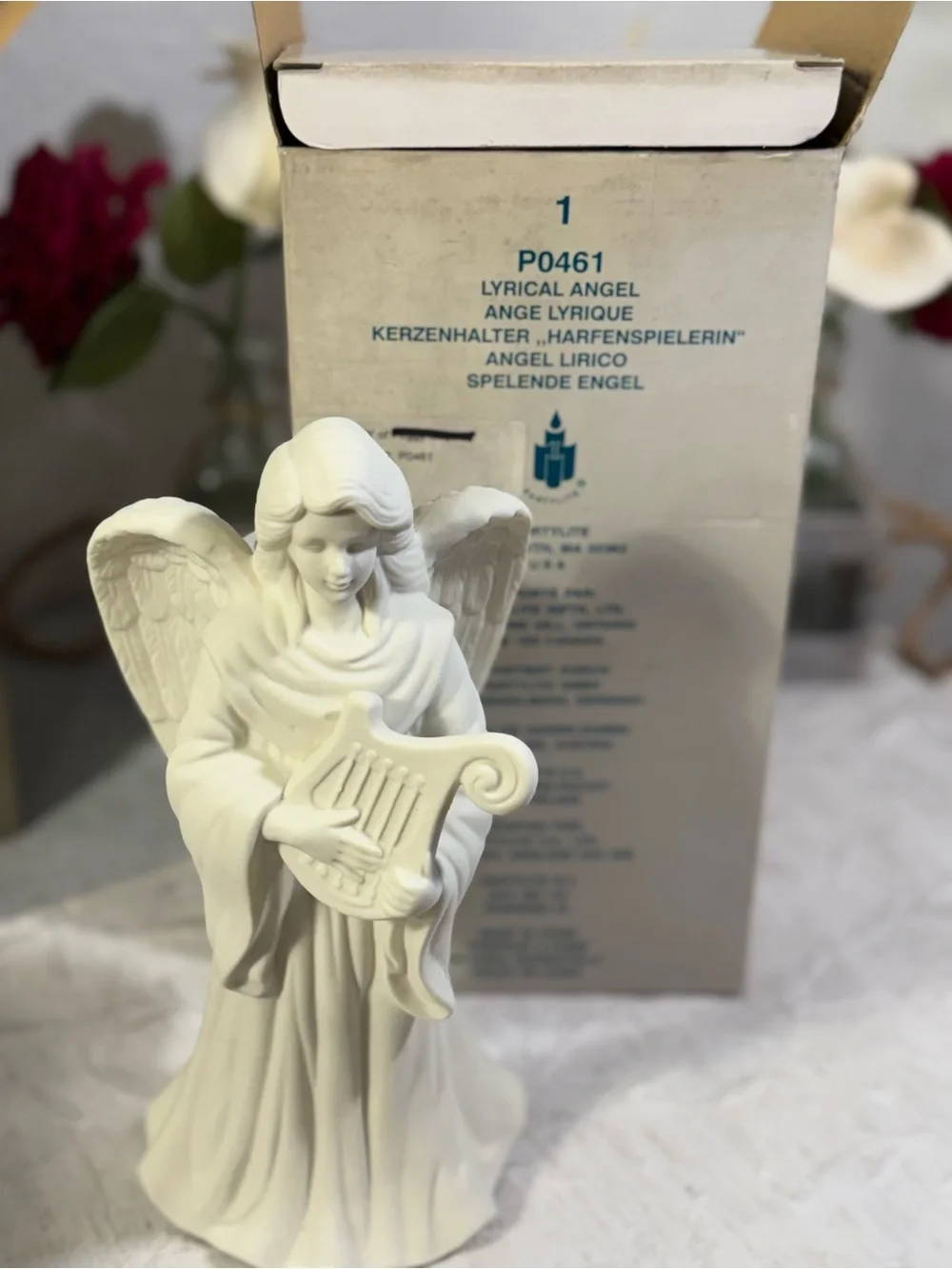 PartyLite Lyrical Angel Playing Harp Bisque Porcelain Taper Candle Holder P0461